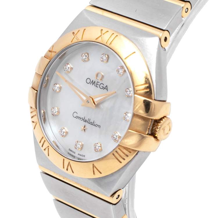 Pre Owned Omega Mother of Pearl 18K Yellow Gold & Stainless Steel Diamond Constellation 123.20.27.60.55.002 Women's Wristwatch 27 mm
