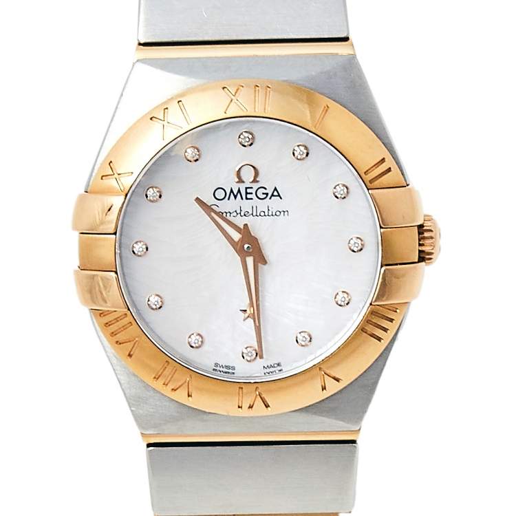 Pre Owned Omega Mother of Pearl 18K Yellow Gold and Stainless Steel Constellation 795.1001 Women's Wristwatch 27 mm