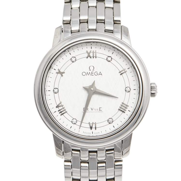 Pre Owned Omega Silver Stainless Steel Diamond Deville Prestige 424.10.27.60.52.002 Women's Wristwatch 27 mm