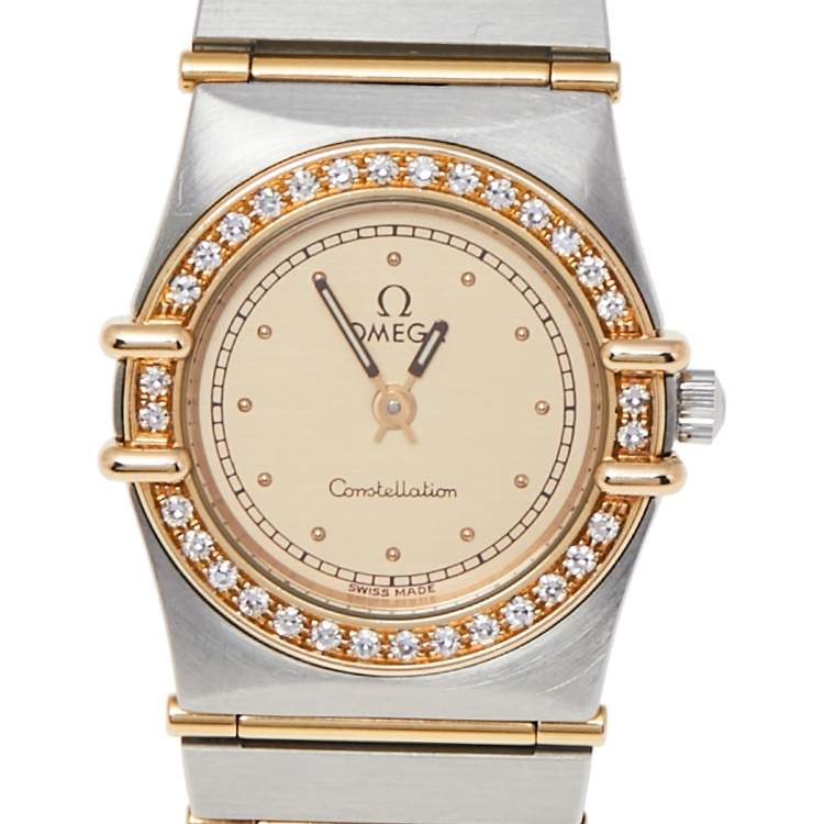 Pre Owned Omega Champagne 18K Yellow Gold Stainless Steel Diamond Constellation 895.1080.1 Women's Wristwatch 22 mm