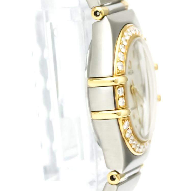 Pre Owned Omega Silver Diamonds 18k Yellow Gold And Stainless Steel Constellation 1367.30 Quartz Women's Wristwatch 22 MM