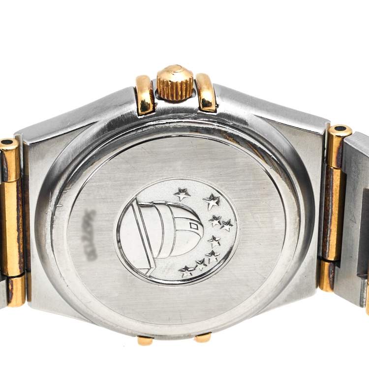 Pre Owned Omega Cream 18k Yellow Gold Stainless Steel Diamond Constellation 795.1202 Women's Wristwatch 25 mm  