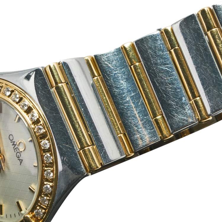 Pre Owned Omega Cream 18k Yellow Gold Stainless Steel Diamond Constellation 795.1202 Women's Wristwatch 25 mm  