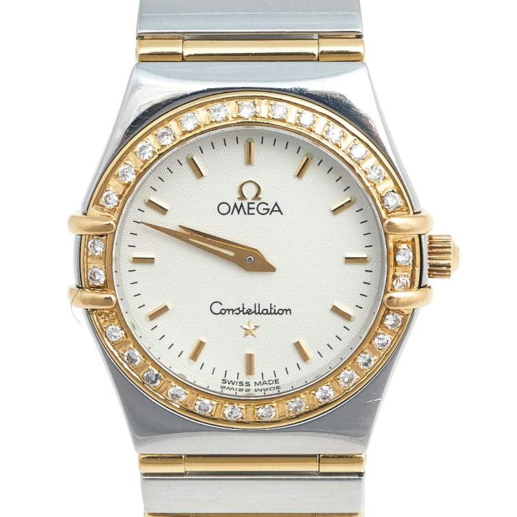 Pre Owned Omega Cream 18k Yellow Gold Stainless Steel Diamond Constellation 795.1202 Women's Wristwatch 25 mm  