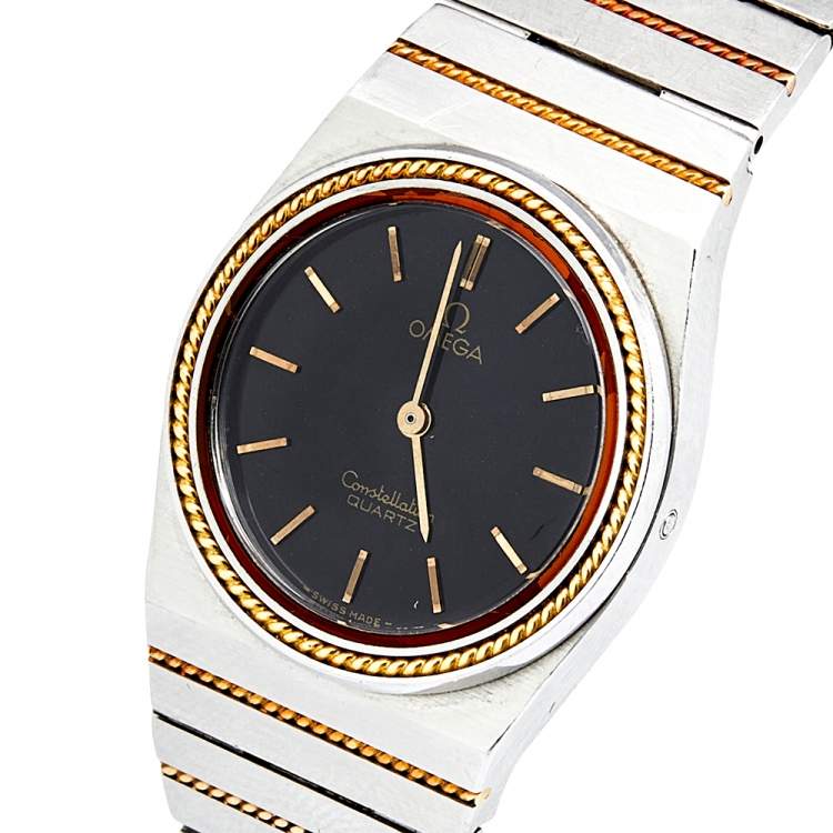 مملوكة مسبقًا Omega Black 18k Yellow Gold Stainless Steel Constellation 795.0816 Women's Wristwatch 26 mm