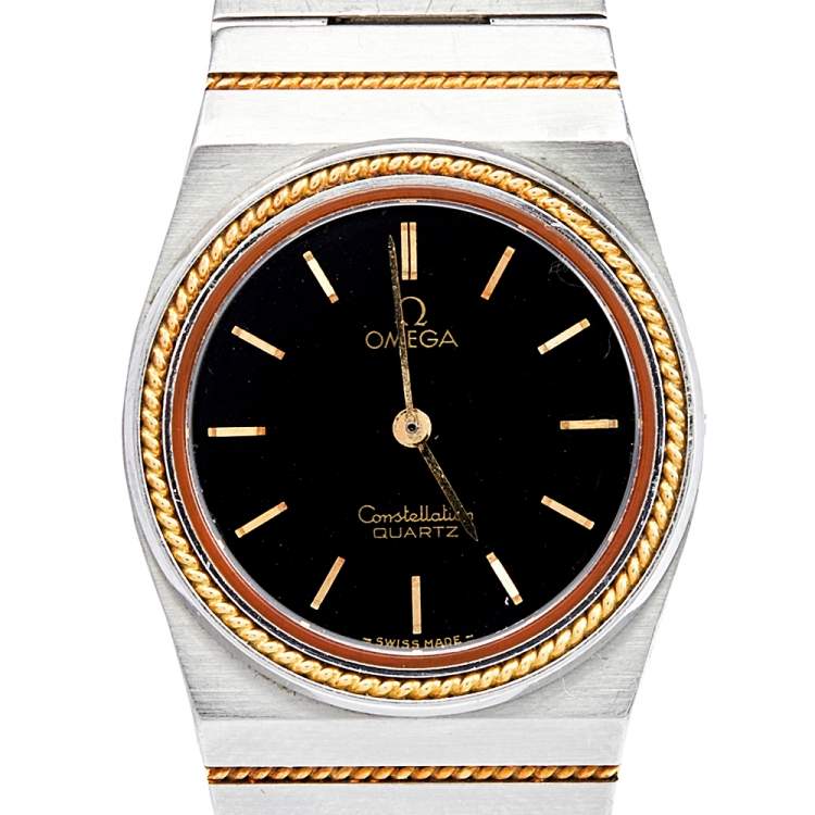 مملوكة مسبقًا Omega Black 18k Yellow Gold Stainless Steel Constellation 795.0816 Women's Wristwatch 26 mm