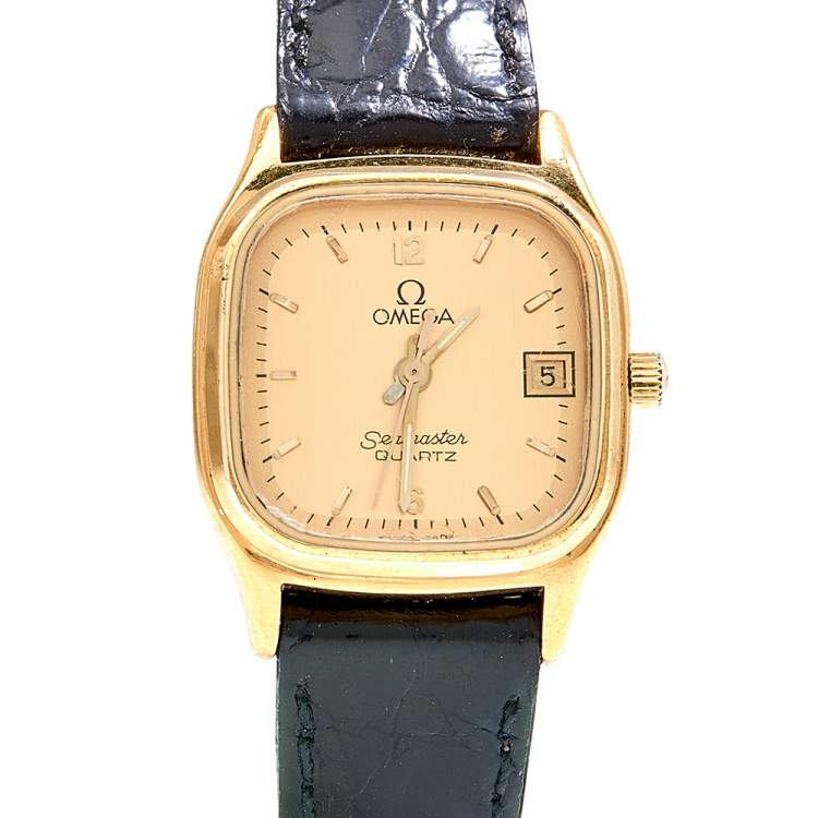 Pre Owned Omega Champagne Gold Plated Stainless Steel Leather Seamaster Brest 596.0045 Women's Wristwatch 22 mm