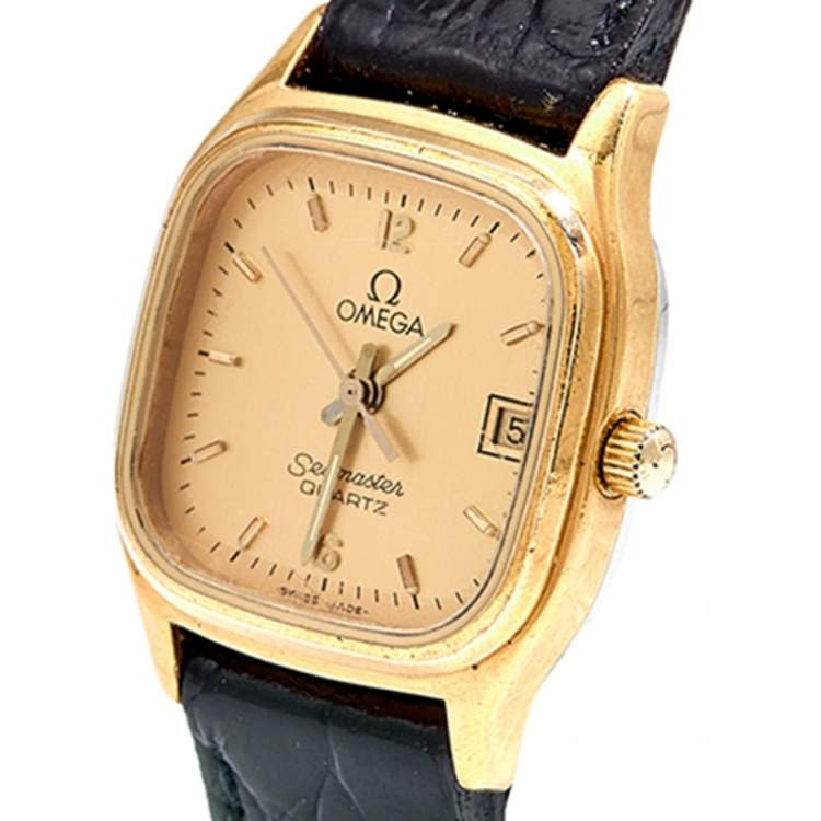 Pre Owned Omega Champagne Gold Plated Stainless Steel Leather Seamaster Brest 596.0045 Women's Wristwatch 22 mm
