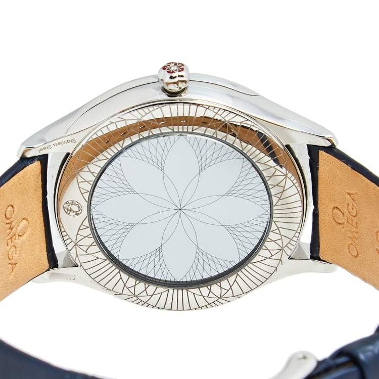 Pre Owned Omega White Stainless Steel Diamond Leather De Ville Tresor 428.17.36.60.04.001 Women's Wristwatch 36 mm
