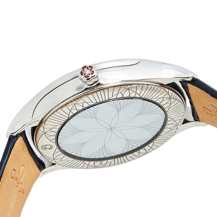 Pre Owned Omega White Stainless Steel Diamond Leather De Ville Tresor 428.17.36.60.04.001 Women's Wristwatch 36 mm