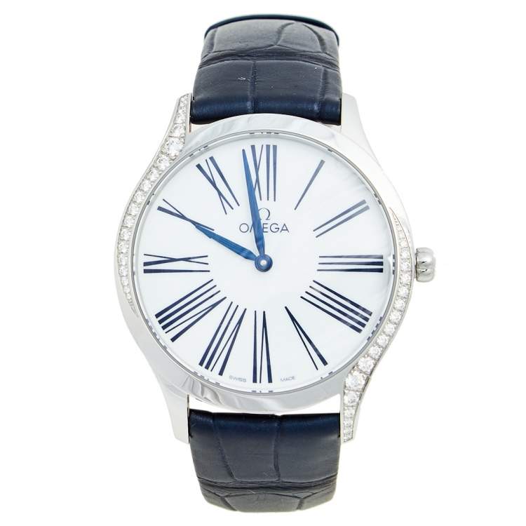Pre Owned Omega White Stainless Steel Diamond Leather De Ville Tresor 428.17.36.60.04.001 Women's Wristwatch 36 mm