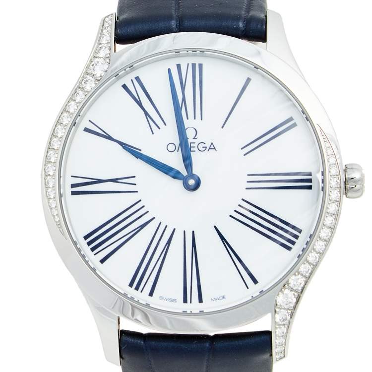 Pre Owned Omega White Stainless Steel Diamond Leather De Ville Tresor 428.17.36.60.04.001 Women's Wristwatch 36 mm