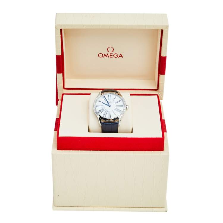 Pre Owned Omega White Stainless Steel Diamond Leather De Ville Tresor 428.17.36.60.04.001 Women's Wristwatch 36 mm