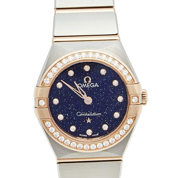 Pre Owned Omega Blue 18k Rose Gold Stainless Steel Diamond Constellation 13125256053002 Women's Wristwatch 25 mm
