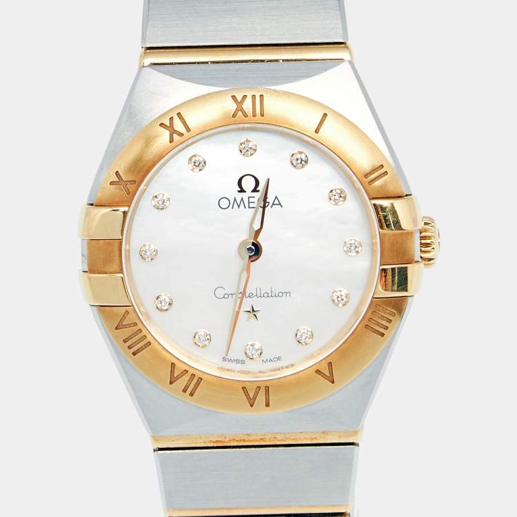 Pre Owned Omega Mother Of Pearl 18K Yellow Gold Stainless Steel Constellation 131.20.25.60.55.002 Women's Wristwatch 25 mm