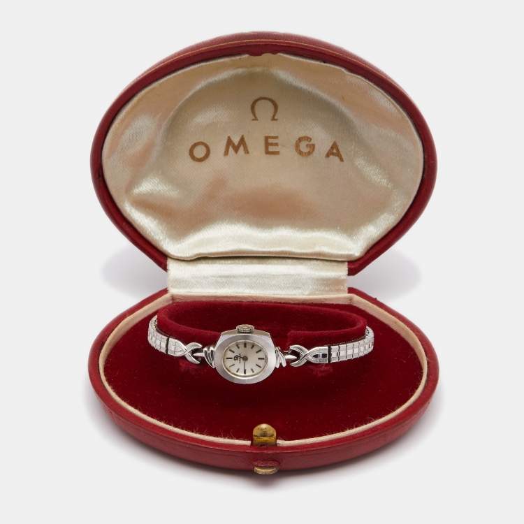 Pre Owned Omega Silver 14K White Gold Vintage Manual Winding Women's Wristwatch 14 mm