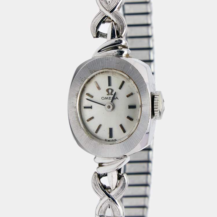 Pre Owned Omega Silver 14K White Gold Vintage Manual Winding Women's Wristwatch 14 mm
