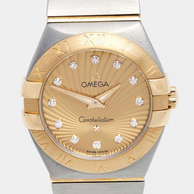 Pre Owned Omega Champagne Diamond 18k Yellow Gold Stainless Steel Constellation 123.20.27.60.58.001 Women's Wristwatch 27 mm 