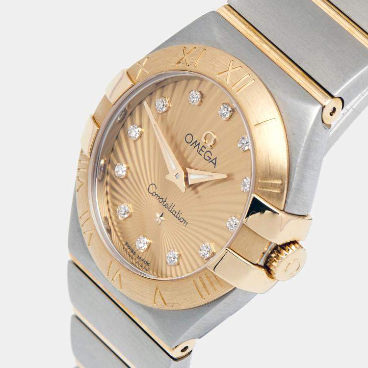 Pre Owned Omega Champagne Diamond 18k Yellow Gold Stainless Steel Constellation 123.20.27.60.58.001 Women's Wristwatch 27 mm 