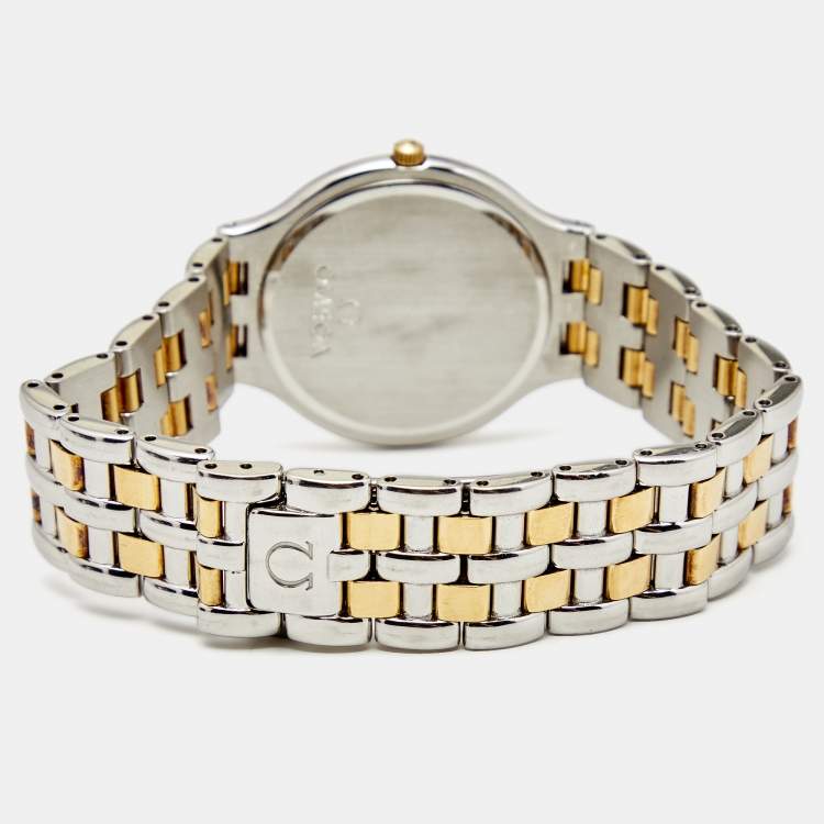Pre Owned Omega Champagne 18k Yellow Gold Stainless Steel DeVille Symbol 196.0316 Women's Wristwatch 32 mm 