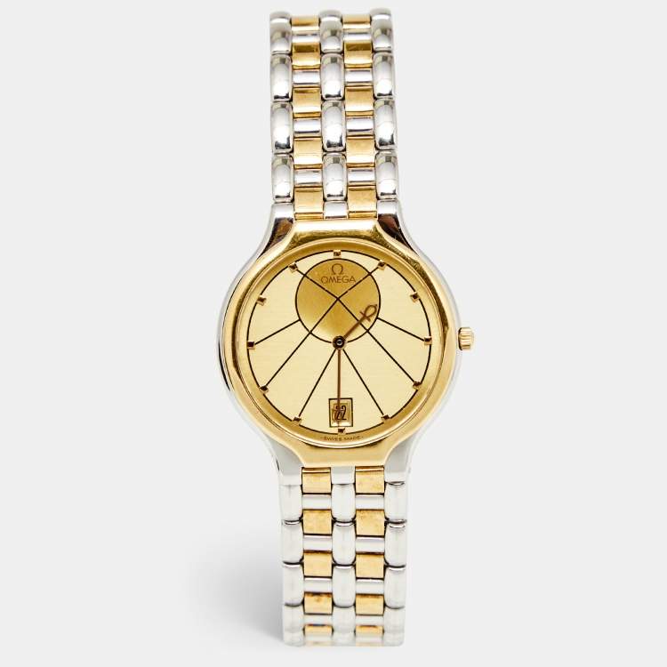 Pre Owned Omega Champagne 18k Yellow Gold Stainless Steel DeVille Symbol 196.0316 Women's Wristwatch 32 mm 