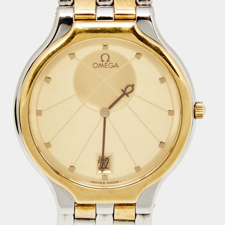 Pre Owned Omega Champagne 18k Yellow Gold Stainless Steel DeVille Symbol 196.0316 Women's Wristwatch 32 mm 