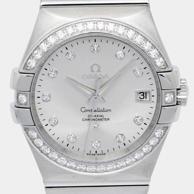 Pre Owned Omega Silver Stainless Steel Diamond Constellation 123.15.35.20.52.001 Women's Wristwatch 35 mm