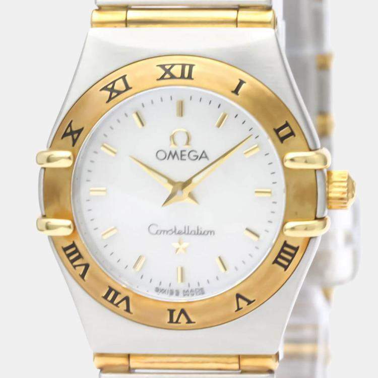 Pre Owned Omega White Shell 18k Yellow Gold And Stainless Steel Constellation 1262.70 Quartz Women's Wristwatch 22 mm