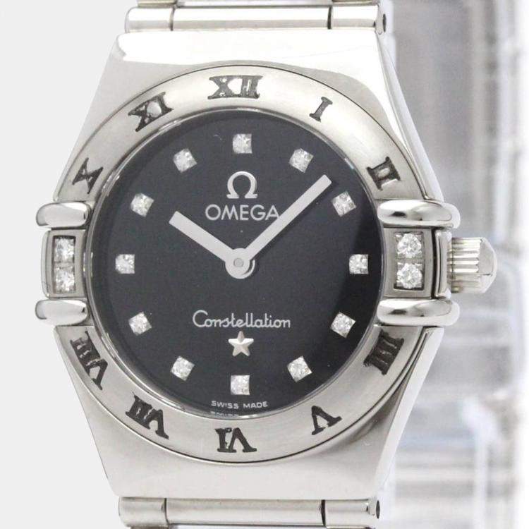Pre Owned Omega Black Diamond Stainless Steel Constellation 1566.56 Quartz Women's Wristwatch 22 mm