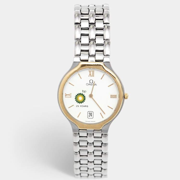 Pre Owned Omega White 18K Yellow Gold Stainless Steel 'British Petroleum 25 Years' De Ville Symbol 4330.23.00 Women's Wristwatch 32 mm