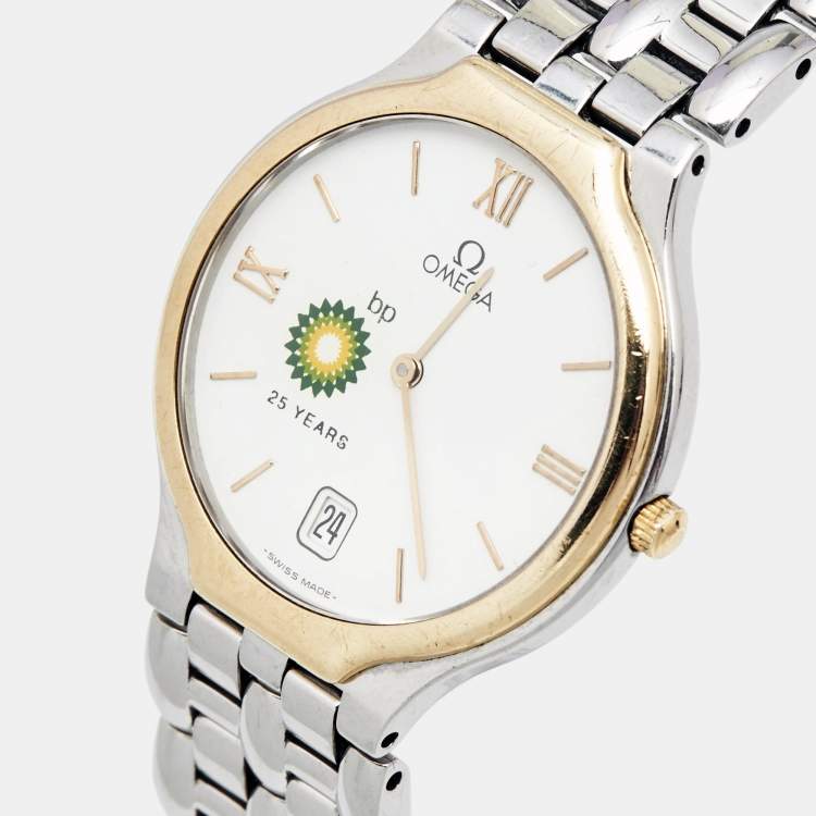 Pre Owned Omega White 18K Yellow Gold Stainless Steel 'British Petroleum 25 Years' De Ville Symbol 4330.23.00 Women's Wristwatch 32 mm