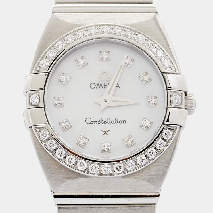 Pre Owned Omega MOP Diamonds Stainless Steel Constellation 123.15.24.60.05.001 Women's Wristwatch 24 mm