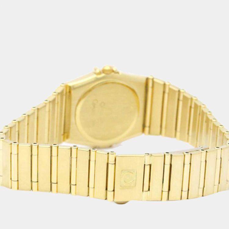 Pre Owned Omega Blue Diamonds 18K Yellow Gold Constellation 895.1081 Quartz Women's Wristwatch 22 mm