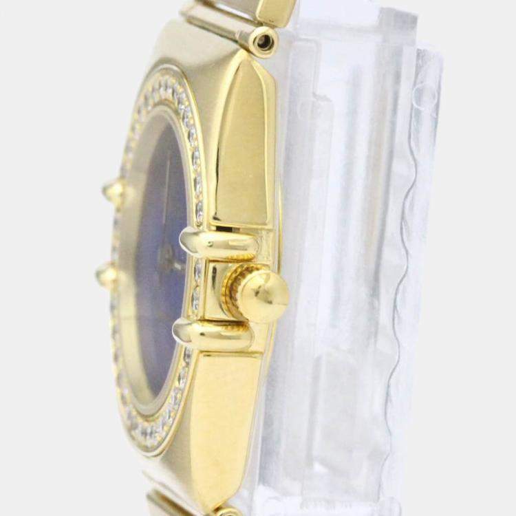Pre Owned Omega Blue Diamonds 18K Yellow Gold Constellation 895.1081 Quartz Women's Wristwatch 22 mm