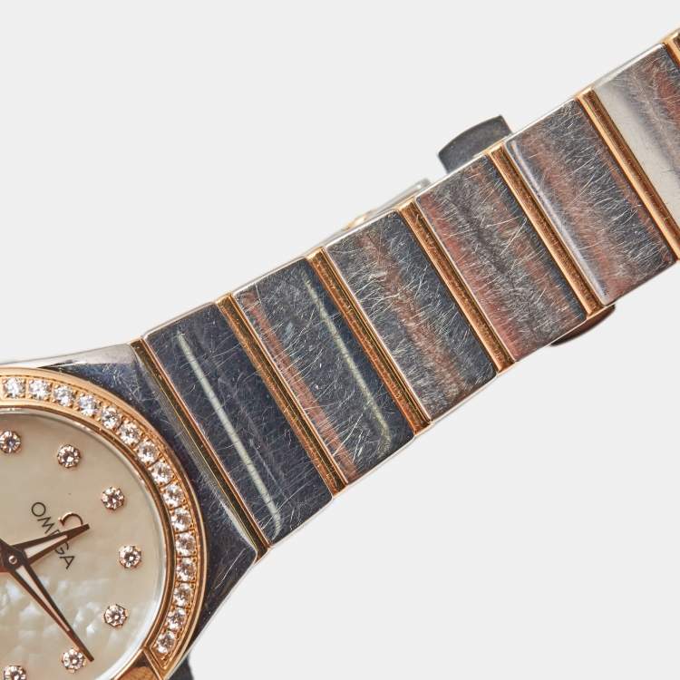 Pre Owned Omega Mother of Pearl Diamonds 18k Rose Gold Stainless Steel Constellation 123.25.27.60.55.005 Women's Wristwatch 27 mm