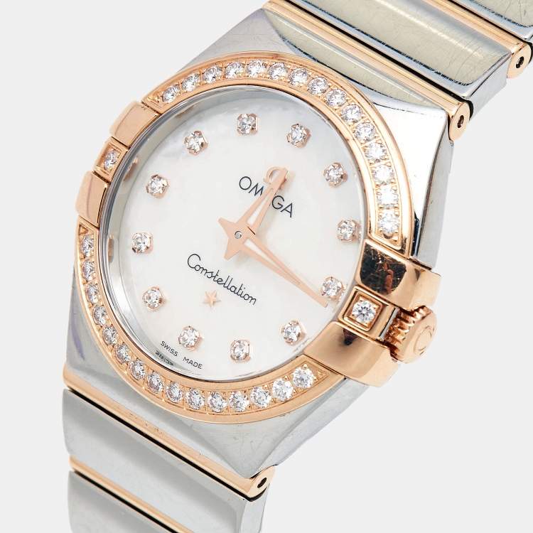 Pre Owned Omega Mother of Pearl Diamonds 18k Rose Gold Stainless Steel Constellation 123.25.27.60.55.005 Women's Wristwatch 27 mm
