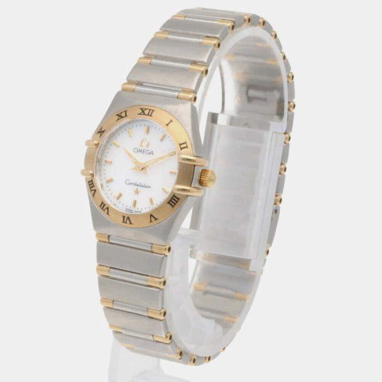 Pre Owned Omega White 18k Yellow Gold Stainless Steel Constellation Quartz Women's Wristwatch 23 mm