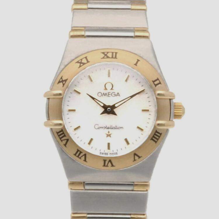 Pre Owned Omega White 18k Yellow Gold Stainless Steel Constellation Quartz Women's Wristwatch 23 mm