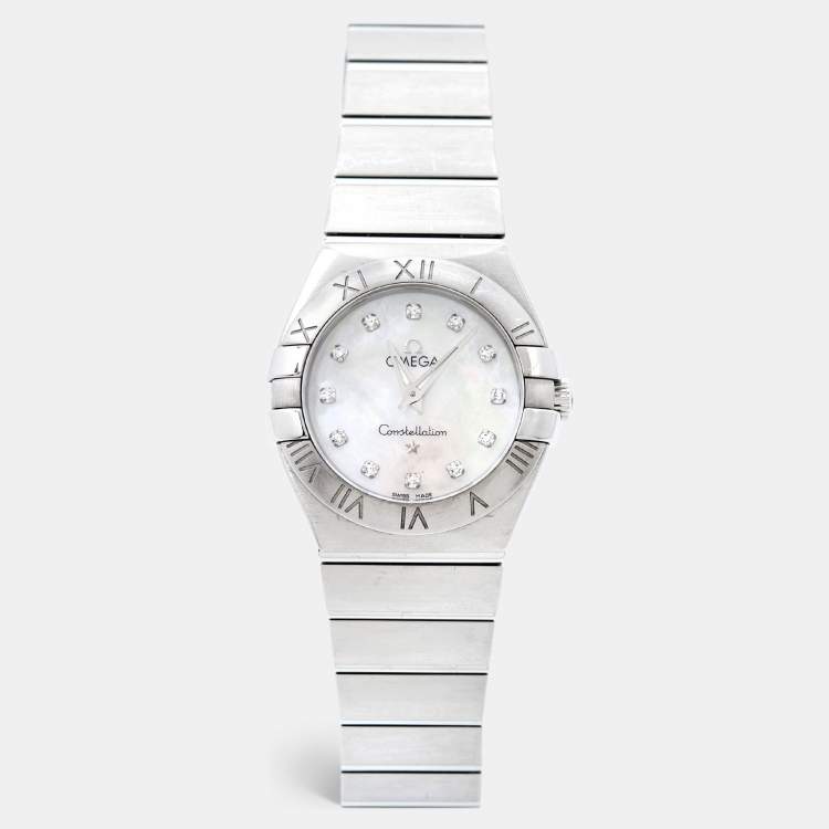 Pre Owned Omega Mother Of Pearl Stainless Steel Diamond Constellation 123.10.27.60.55.001 Women's Wristwatch 27 mm
