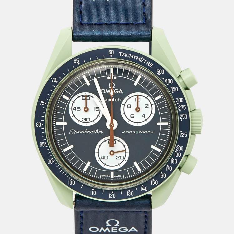 مملوكة مسبقًا Omega X Swatch Navy Blue/Green Bioceramic Velcro MoonSwatch Mission To Earth S033G100 Unisex Wristwatch 42 mm