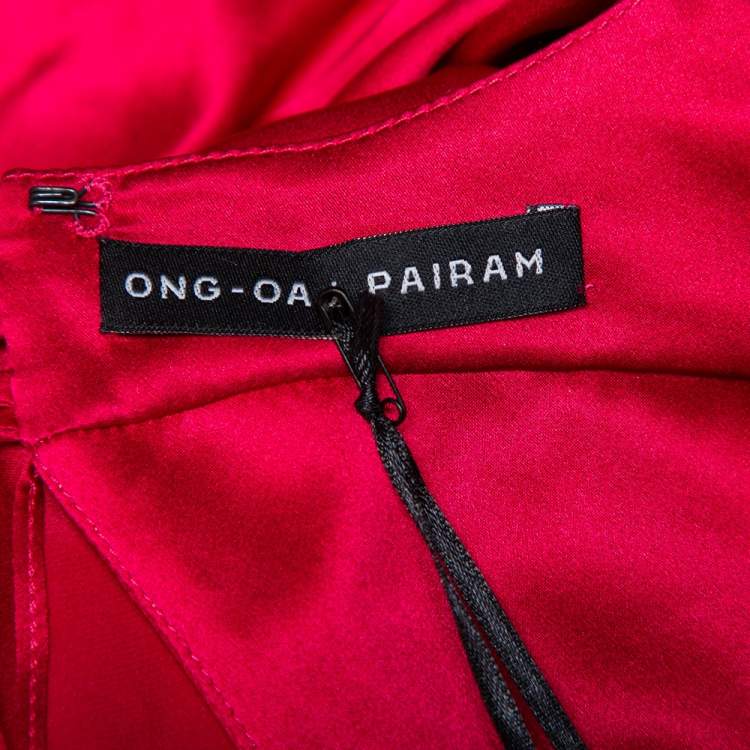 Pre Owned Ong-Oaj Pairam Fuschia Pink Silk Satin Plunge Neck Trail Detail Angelica Gown M 