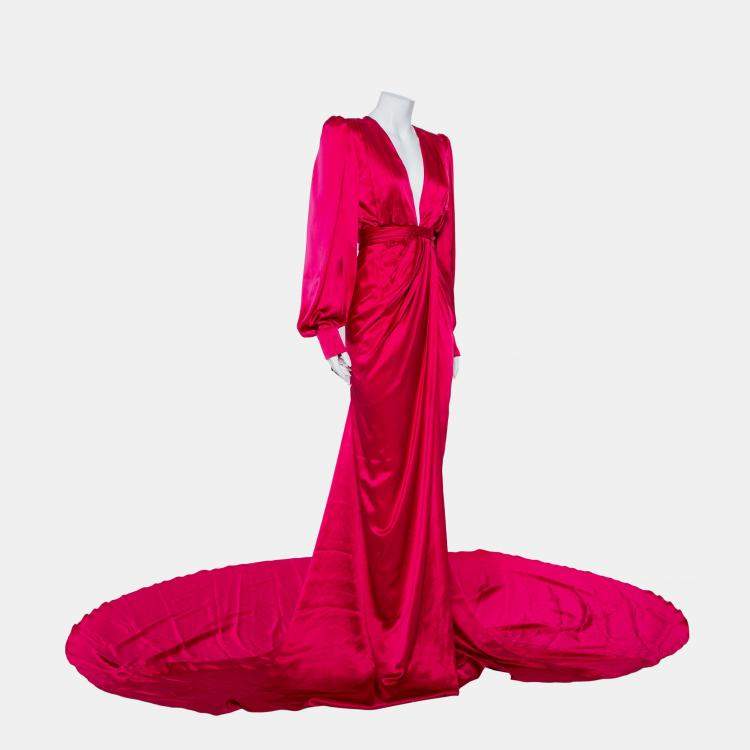 Pre Owned Ong-Oaj Pairam Fuschia Pink Silk Satin Plunge Neck Trail Detail Angelica Gown M 