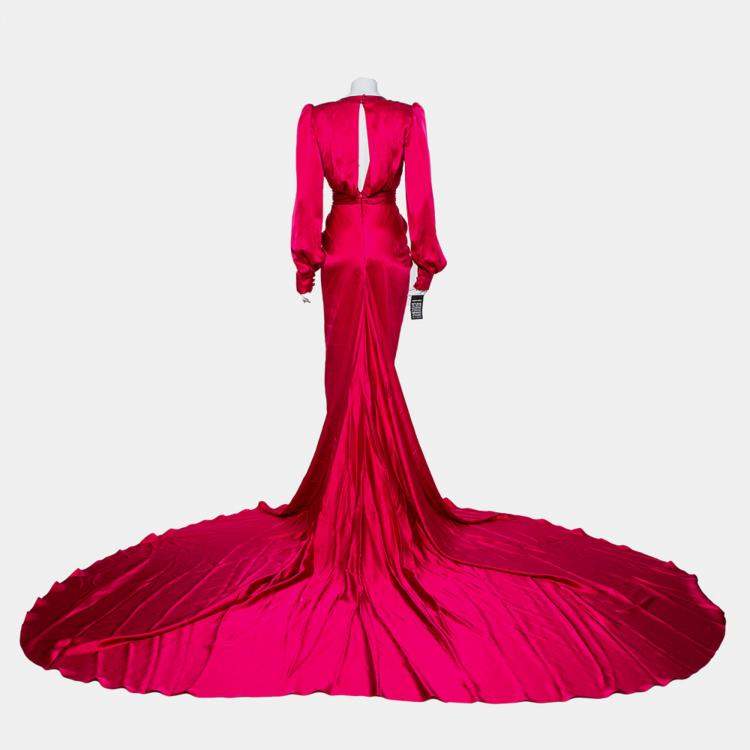 Pre Owned Ong-Oaj Pairam Fuschia Pink Silk Satin Plunge Neck Trail Detail Angelica Gown M 