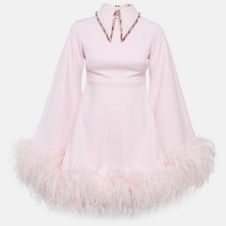 Pre Owned Onori Pink Crepe Faux Feather Detail Mini Dress S