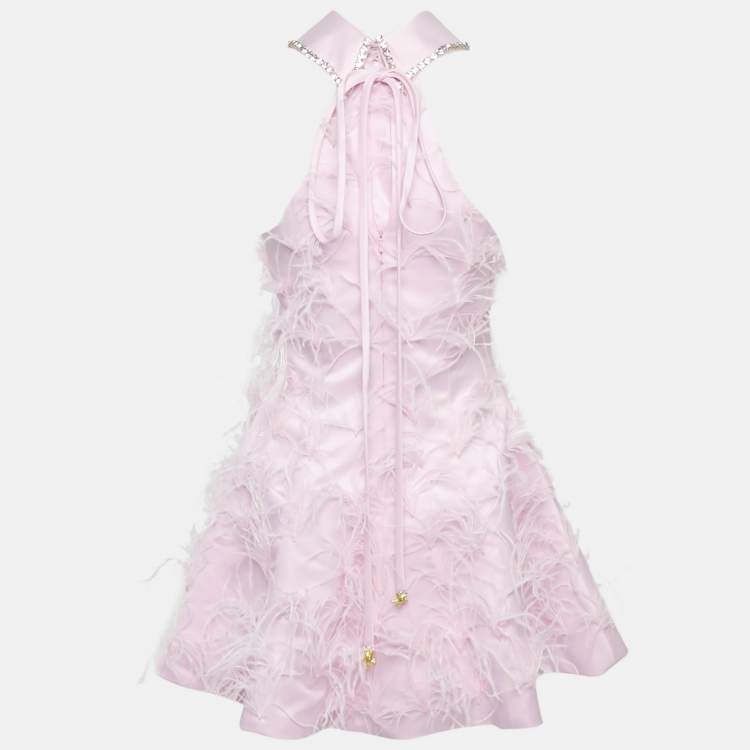 Pre Owned Onori Pink Satin Feather Trim The Grace Mini Dress M