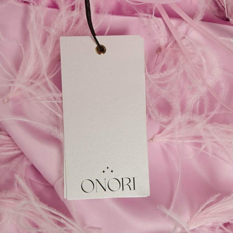 Pre Owned Onori Pink Satin Feather Trim The Grace Mini Dress M