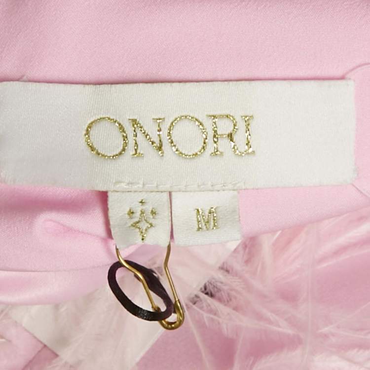 Pre Owned Onori Pink Satin Feather Trim The Grace Mini Dress M
