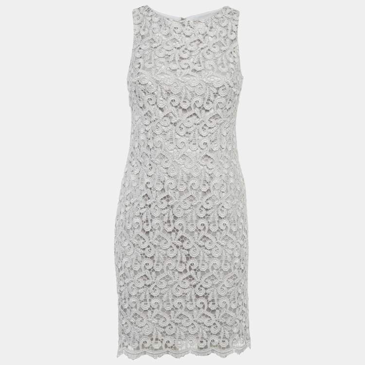 Pre Owned Onyx Nite Silver Guipure Lace Sheath Mini Dress S