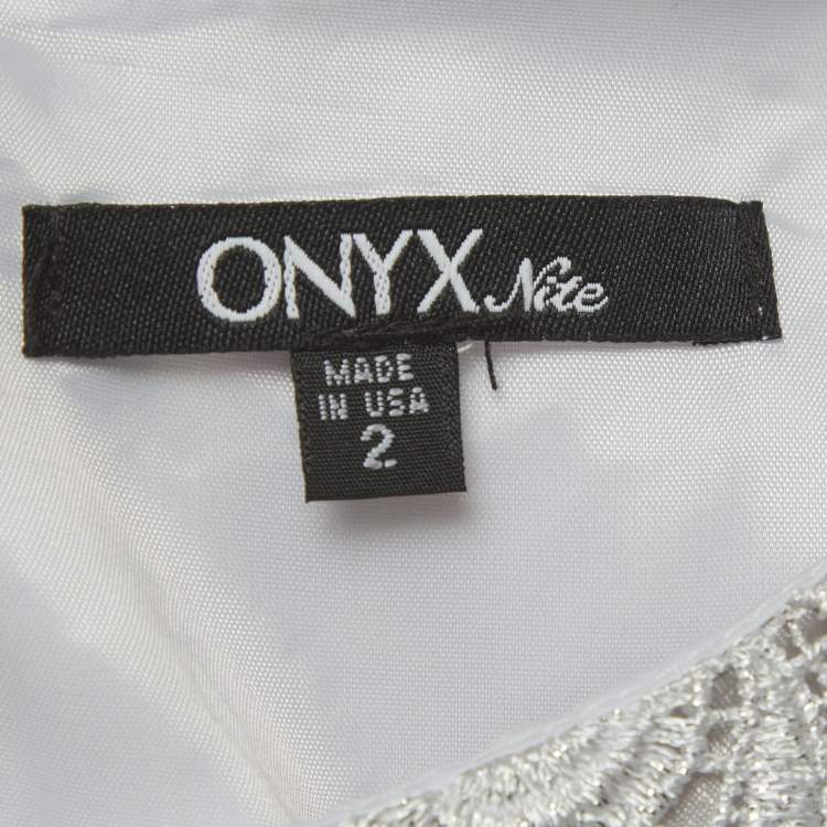 Pre Owned Onyx Nite Silver Guipure Lace Sheath Mini Dress S