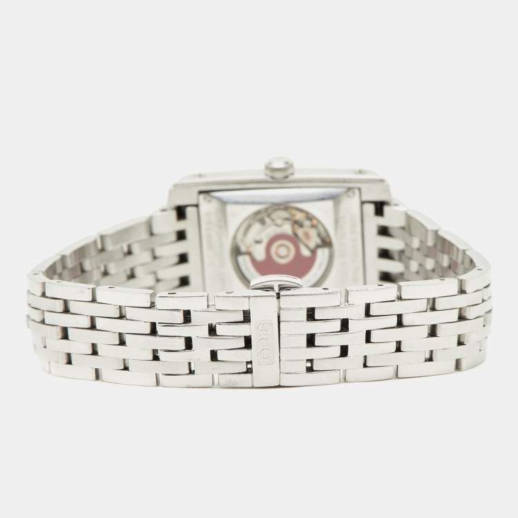 Pre Owned Oris Silver Guilloche Stainless Steel Rectangular Date 01 561 7656 4071-07 8 17 82 Women's Wristwatch 24.50 mm